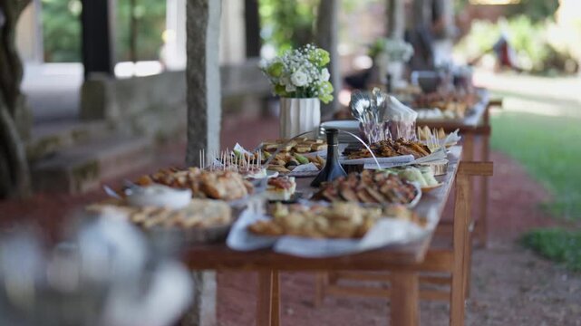 Long wooden buffet table with canapes and finger food at an outdoor event