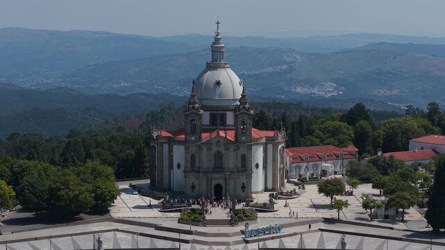 Aerial - Sameiro Sanctuary in Braga Portugal with its white dome square and hills beyond