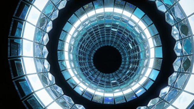 Moving camera in chamber, LED rings and hex panels shifting inward toward black void