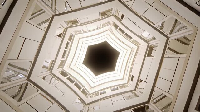 Starting cam moving up rotating framing hexagon hotel atrium, emphasizing railings and dark core