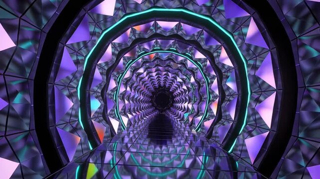 Starting camera moving deeper into neon tunnel, showing teal rings, glossy floor and facets