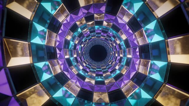 Moving camera approaching center black void through CG faceted tunnel, purple-teal-gold highlights