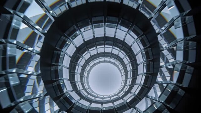 Starting camera lift capturing tall atrium rotating upward to skylight, with concentric metal rings