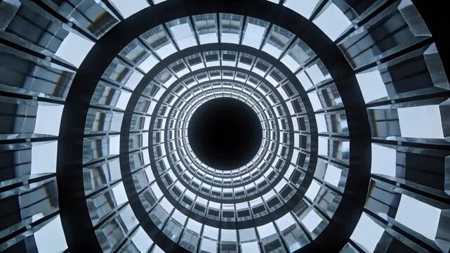 Camera zooming in atrium revealing rings with rails while skylight dimming and yellow dot appearing