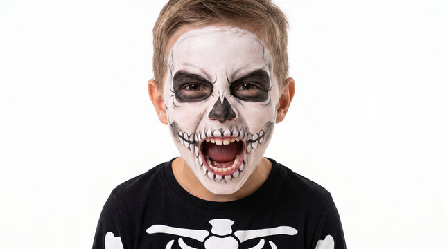 Group of children dressed as witch, mummy, skeleton, vampire and zombie running toward the camera with playful scary expressions on a white background, Halloween costumes, trick or treat, monster part