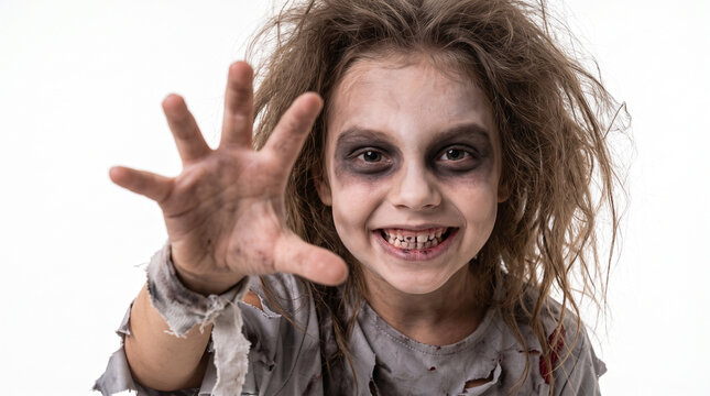 Group of children dressed as witch, mummy, skeleton, vampire and zombie running toward the camera with playful scary expressions on a white background, Halloween costumes, trick or treat, monster part