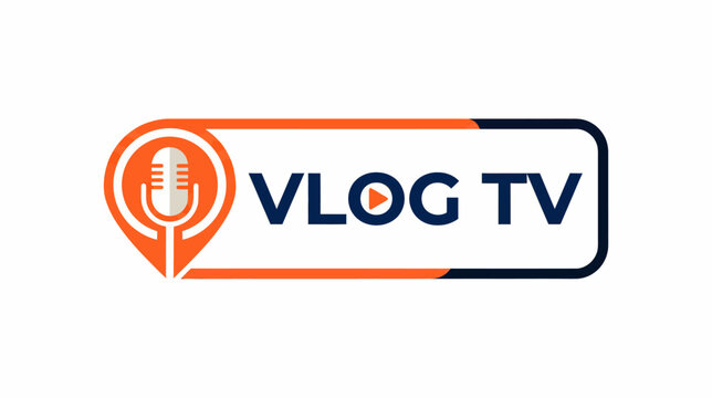 Vlog TV logo design with microphone icon and play button for digital media branding.