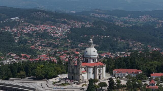 Aerial - Sameiro Sanctuary and its square with Braga rooftops spreading across the hills behind