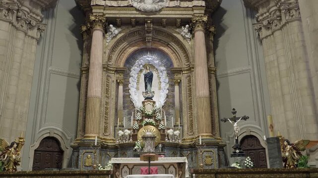 Full view of the Sameiro Sanctuary high altar in Braga with the Virgin Mary statue and angels