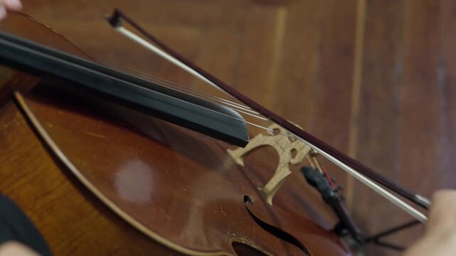 Detail of a cello bridge and strings with the bow drawn across during a performance