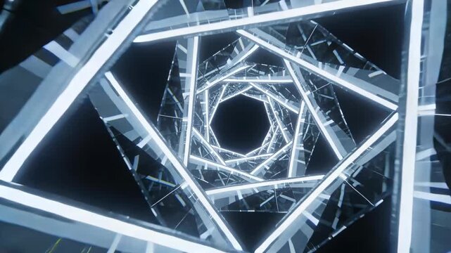 Play starting rotating faceted tunnel spiraling in virtual void, with LED bars mirrors adding depth