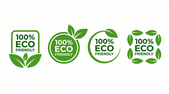 Set of 100% eco friendly labels and badges with green leaves, natural organic product stamps, sustainable environment icons isolated on white background
