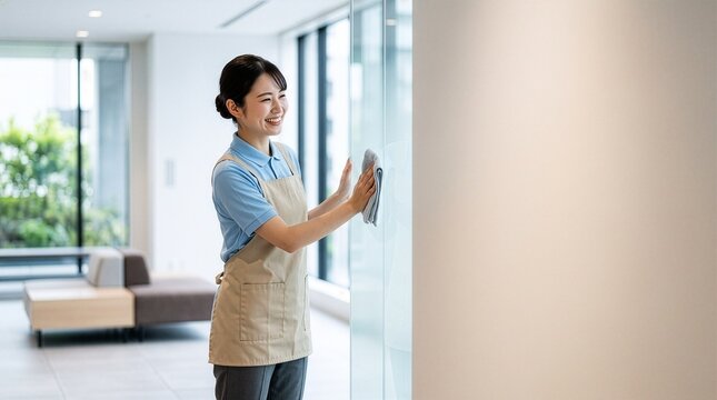 オフィスで窓ガラスを拭く清掃員の女性