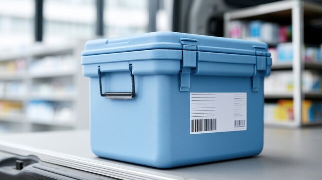 Refrigerated van interior featuring a blue insulated container with a barcode label on a table, surrounded by shelves stocked with various medical supplies and products
