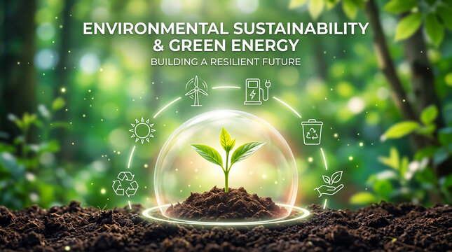 Environmental sustainability and green energy concept with a small plant growing inside a glass dome surrounded by renewable energy and recycling icons
