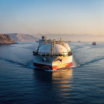 A large LNG carrier ship transporting liquefied natural gas navigates through a scenic mountainous strait. Global energy trade and maritime logistics concept.