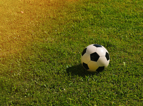 Football ball on the green lawn sunny backdrop