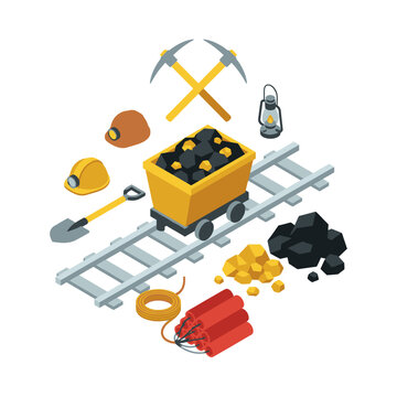 Clean Isometric of Mining Equipment and Tools on Rails with Bright Colors with high quality professional line art symbols for modern creative design and digital branding projects