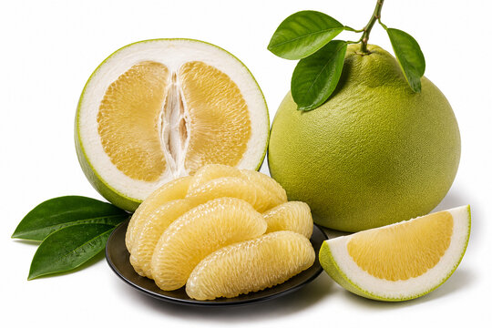 Fresh Thai pomelo with peeled segments isolated on white background