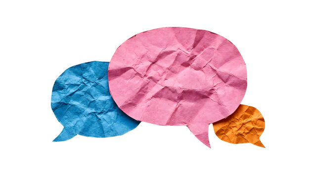 Bright colorful crumpled paper speech bubbles in various shades isolated on a transparent backdrop