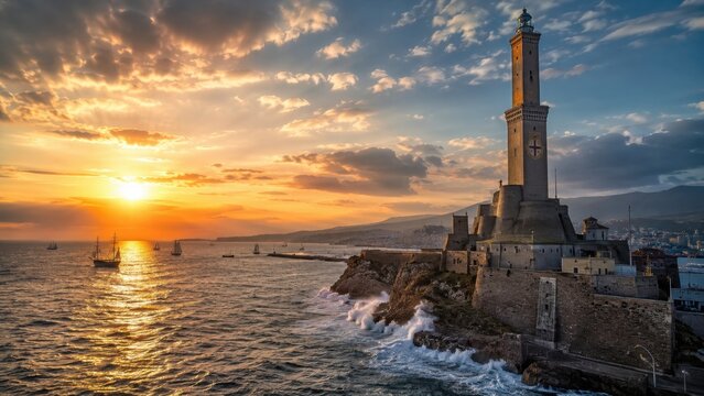 Historic Genoa Lighthouse Overlooking Mediterranean Sea During Dramatic Golden Sunset
