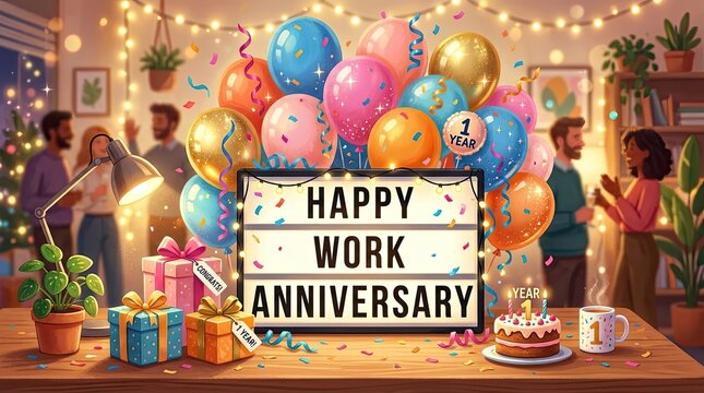 Celebrating a work anniversary with colleagues in a brightly decorated office space