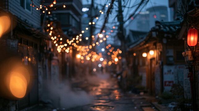 Illuminated Narrow Asian Street with Bokeh Lights at Dusk