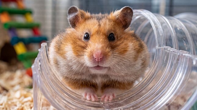 Cute Golden Hamster Peeking Out of Plastic Tube