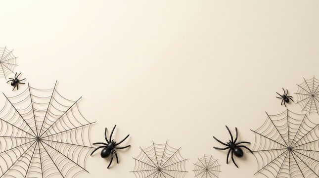 Minimalist halloween background featuring black spiders and white spider webs on a light beige flat lay surface