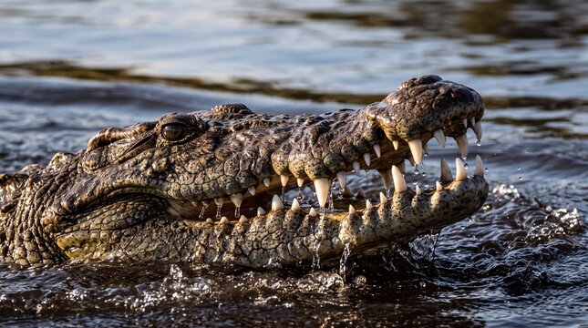 Crocodile Head Emerging from Water with Open Jaws