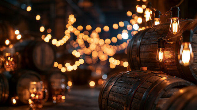 Wooden Barrels with Glowing String Lights in Brewery Cellar