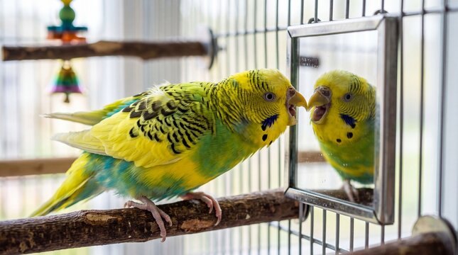 Cute Budgerigar Looking at Its Reflection in Mirror Inside Cage