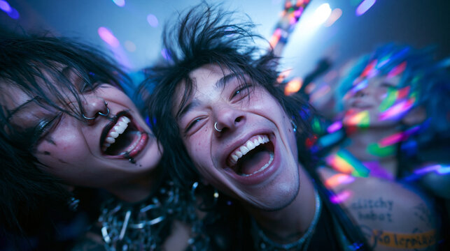 Excited Young Punk Friends Laughing at Nightclub Party