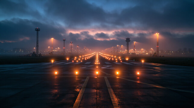 Airport Runway with Landing Lights at Dusk