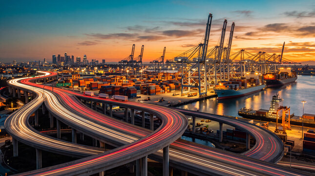 Container Port Terminal and Highway Interchange at Dusk