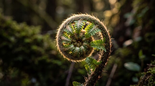 Fern Frond Unfurling with Sunlight in Forest