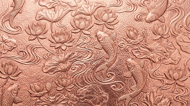 Copper Embossed Relief with Koi Fish and Lotus Pattern