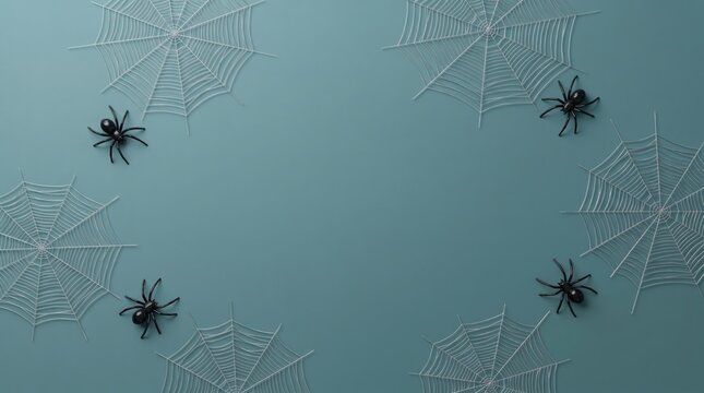 A spooky top view of small black plastic spiders placed on white synthetic spider webs for halloween decoration