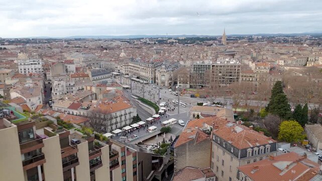 Aerial Drone Dolly Out Wide View Cityscape Place de la Com&eacute;die Montpellier France