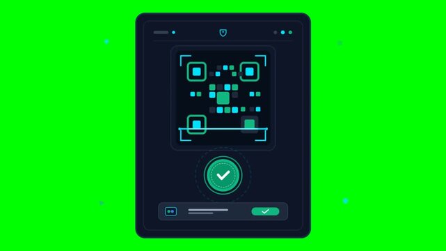 Futuristic QR code scanning animation on digital tablet, secure mobile payment interface, green screen background for video compositing