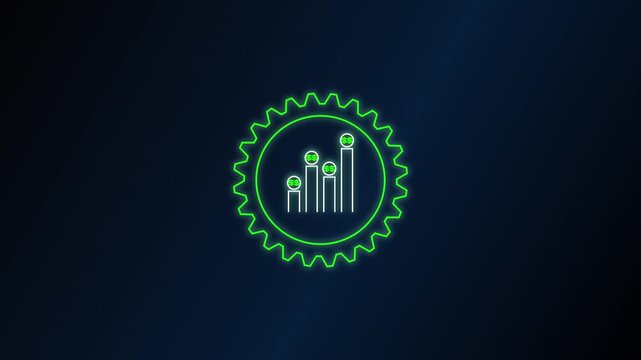 Green neon gear icon with a bar chart symbol representing business growth and technical efficiency on a dark blue background
