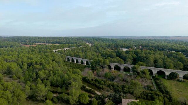 Aerial Drone Scenic Flight Above Saint Cl&eacute;ment Aqueduct Forest Montpellier France