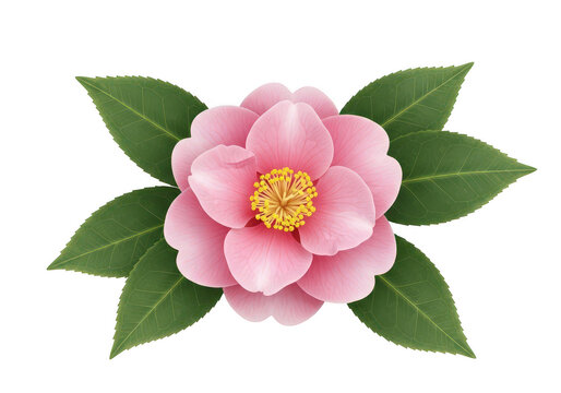 Pink camellia flower with green leaves isolated on transparent background