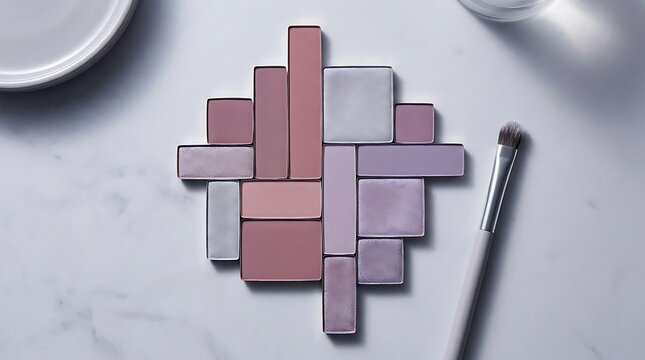 Colorful eyeshadow makeup palette with brushes arranged in a geometric pattern on a smooth light surface. eyeshadow color combinations