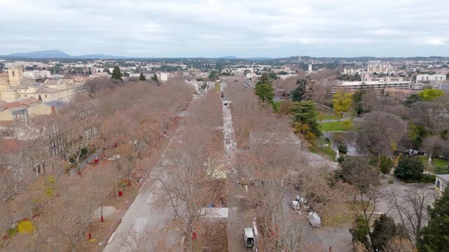 Aerial Drone Dolly in Promenade Charles de Gaulle Boulevard and Park in Montpellier France