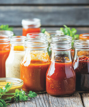 Variety of glass jars filled with colorful hot pepper and chilli sauces, background