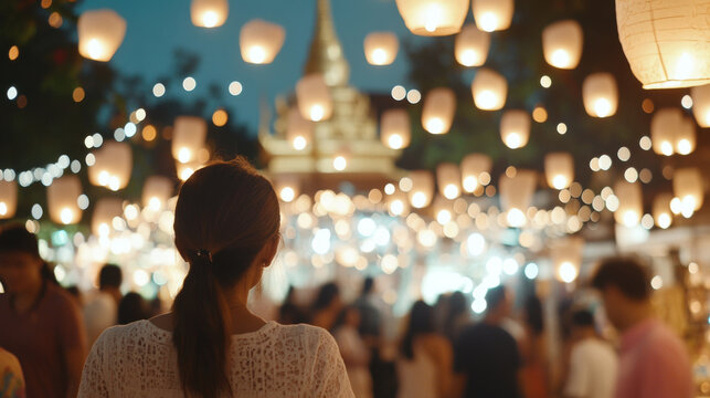 Lantern festival Yi Peng  with blurred temple and crowd at twilight, background