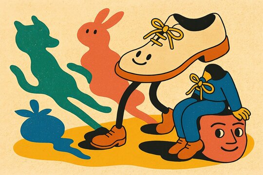 Surrealism artwork featuring playful shoe and shadow creatures, concept design