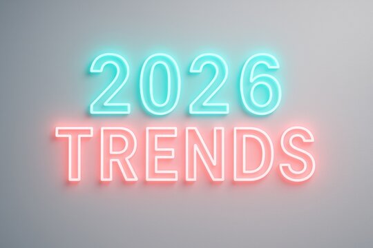 Neon sign displaying 2026 trends in blue and pink colors, futuristic design