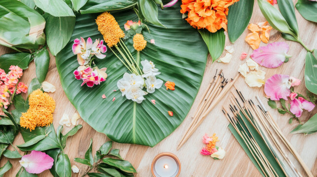 Loy Krathong flat lay with flowers and candle on wooden background